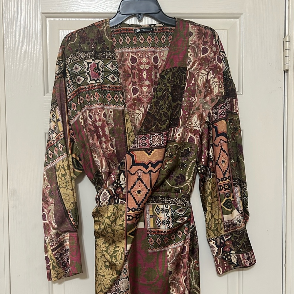 Zara Faux Wrap fringe & patchwork satin dress size M